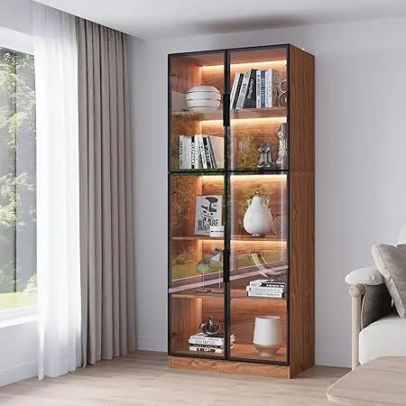 Glass Doors Display Cabinet with Lights and Shelves, Storage Cabinets Morden Bookcase Trophy Case Display Cabinet with Hutch for