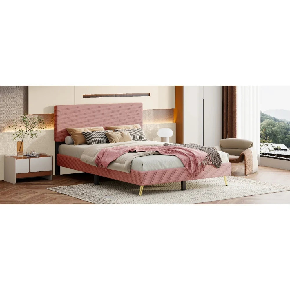 Pink 2 Pieces Bedroom Sets Queen Size Upholstered Bed Frame, Modern Corduroy Storage Ottoman