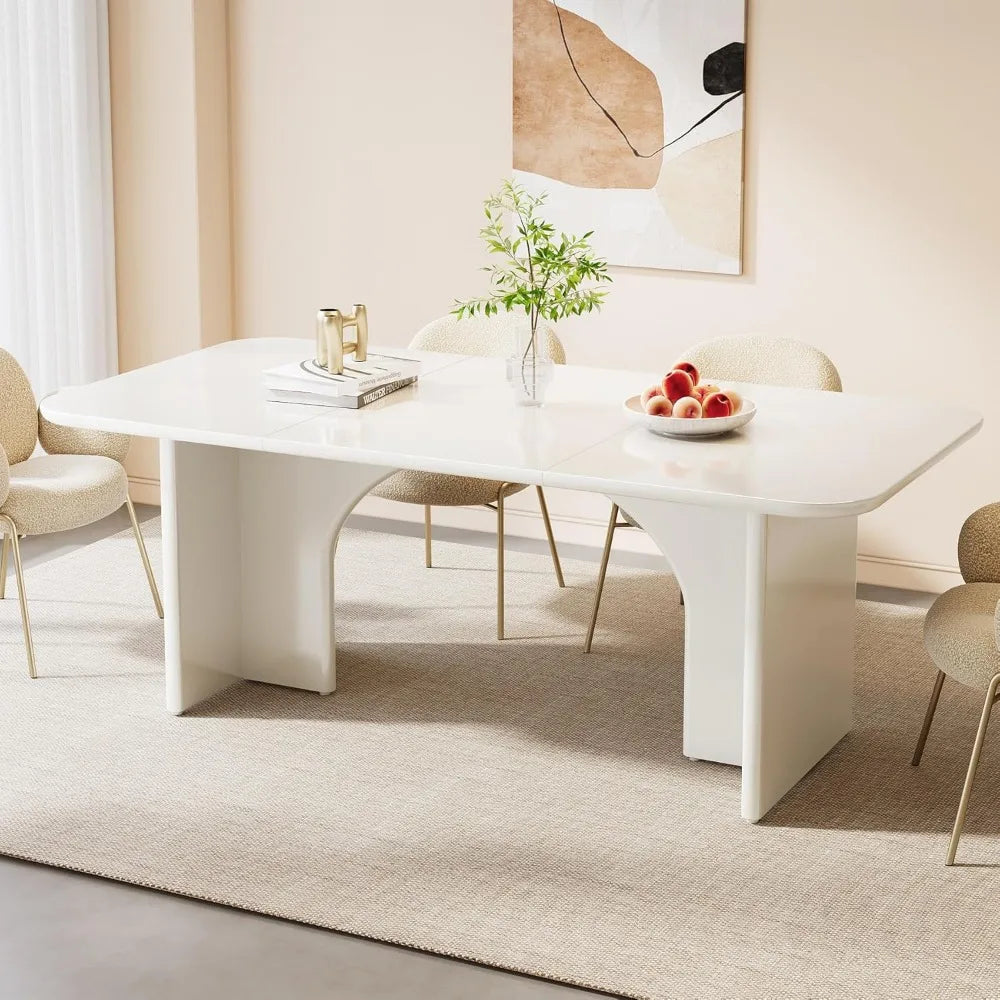 Modern Dining Table for 4-6 People, 62.99" Large Rectangle Kitchen Table with Arch Design Legs, Glossy White Dinner Table