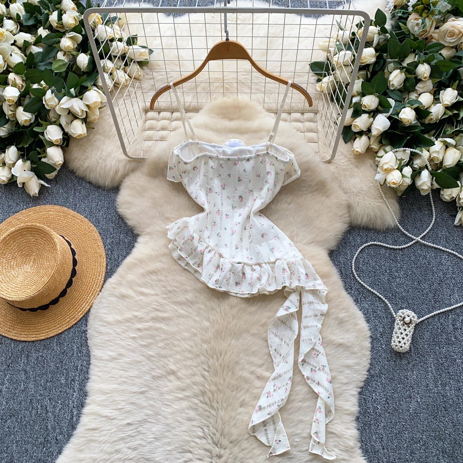 Ladies Floral Summer Camisole Sleeveless Irregular Slim Camis Women 3D Flower Ribbon Design Print Top