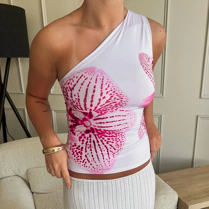 Floral Print Fitted Tops Women Resort Wear Graphic Tees Summer Casual One Shoulder Slash Backless Tank Top