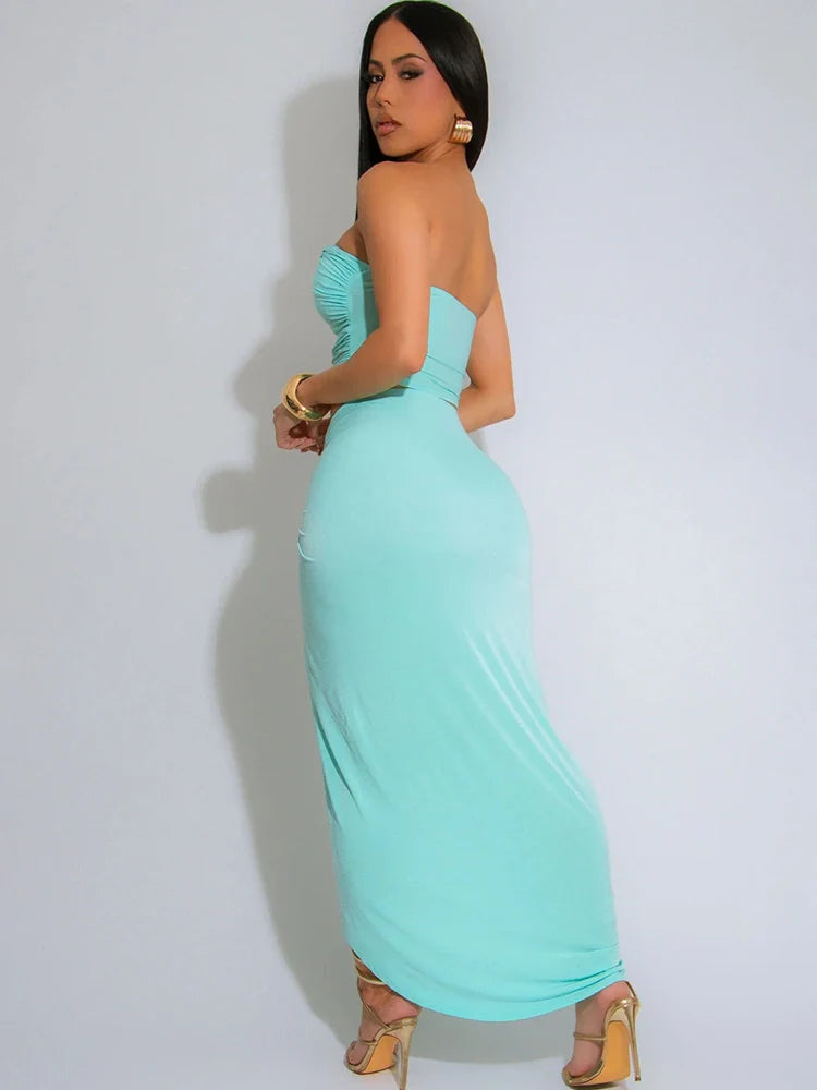 Sexy Women 2 Piece Set Coquette Hot Hollow Pleated Mini Tanks+Cross Maxi Skirts