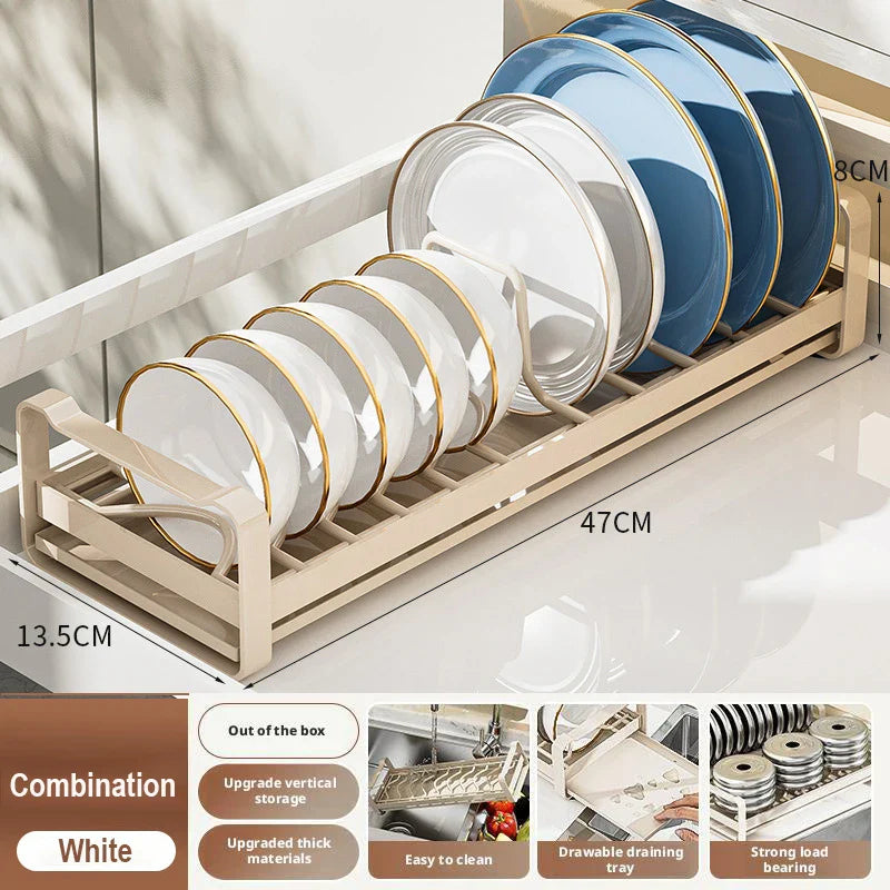 Pull Out Cabinet Dish Storage Rack Stainless Steel Plate Drain Stand Holder Kitchen Drawer Built-in Bowl Rack Basket Organizer