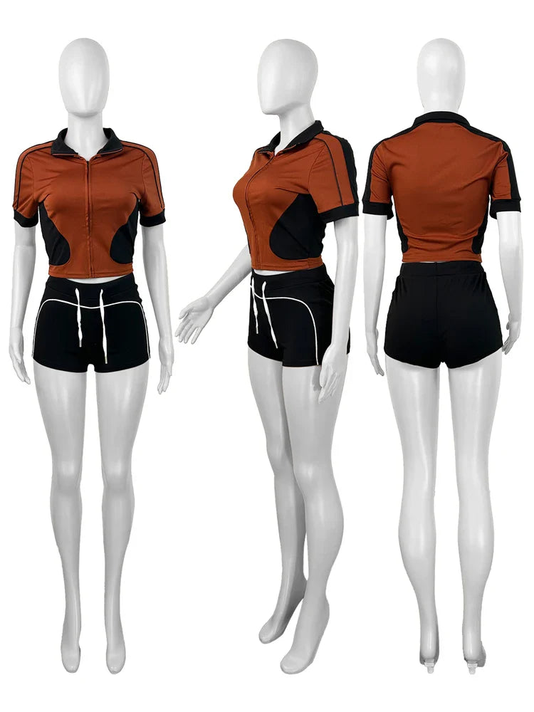 Women Sets Outfit Summer Streetwear Panelled Two Tone Slim Sports Short Sleeve Shorts Suits Zip Crop Tops Casual 2 Two Piece Set