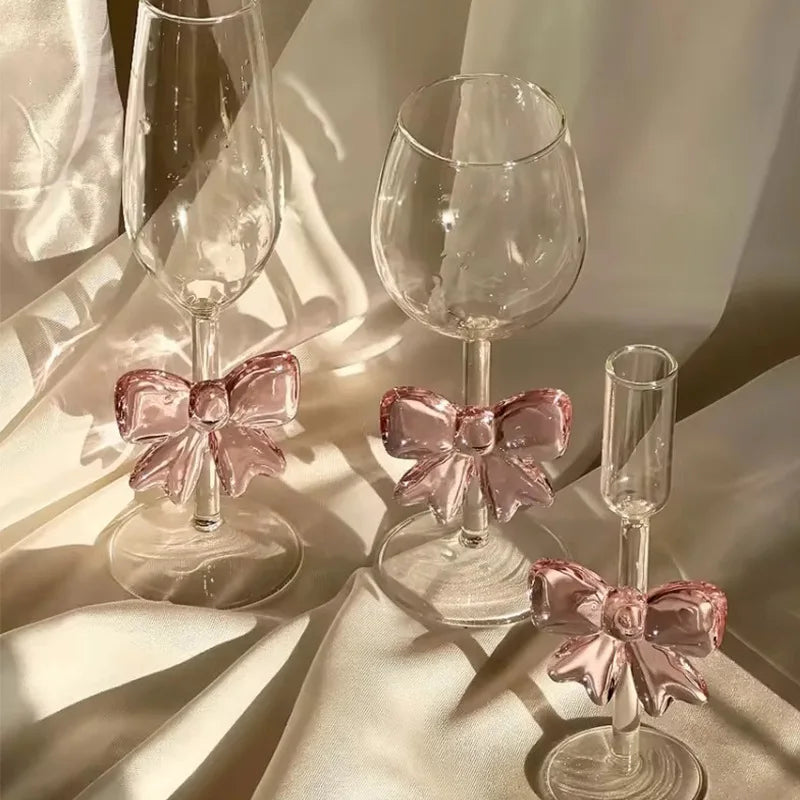 Pink Bow Series High Glass Cup, Butterfly Candlestick Romantic Champagne Wine