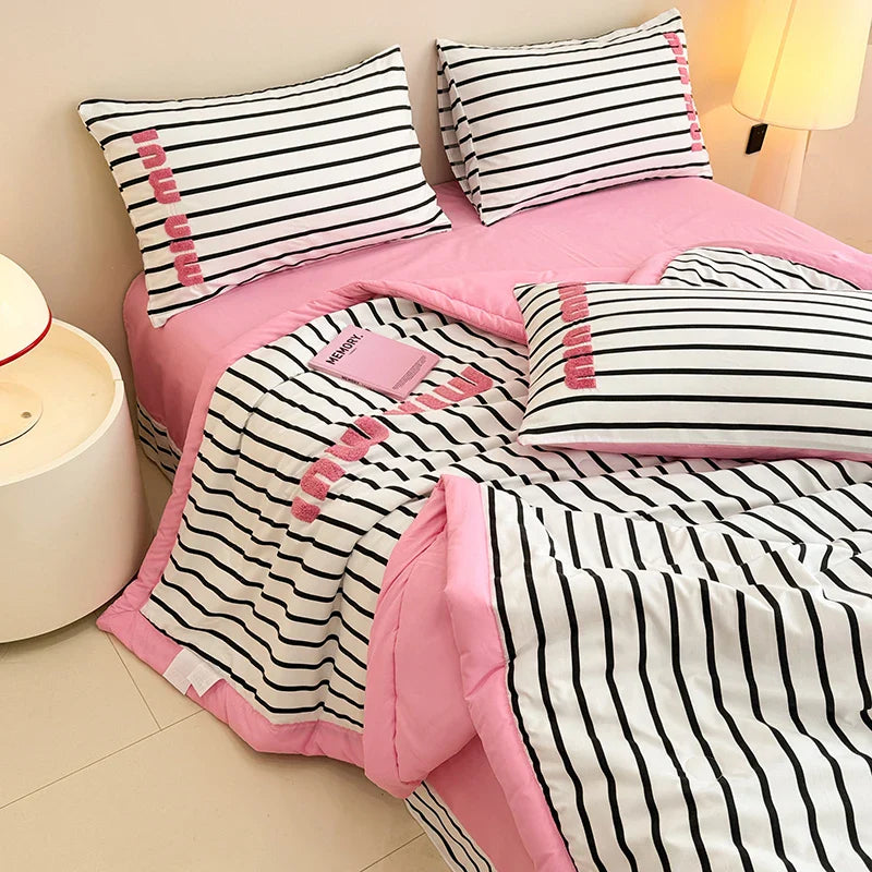 Stripe Quilt set Pink And White Bedding Set with Flat Sheet Set Soft  Fluffy Embroidery Quilt Set