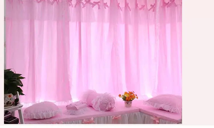Princess Style Window Curtains, Cotton, Pink Lace, 2 Layer Curtain