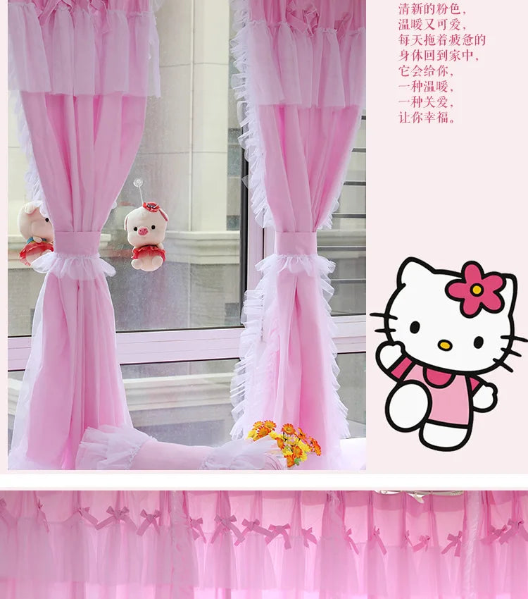 Princess Style Window Curtains, Cotton, Pink Lace, 2 Layer Curtain