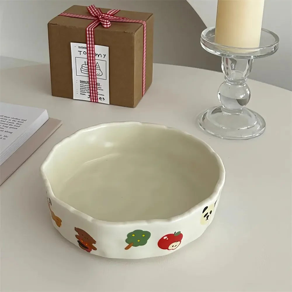 Cute Little Design Matte Hand Pressed Ceramic Deep Plate Cartoon Bowl