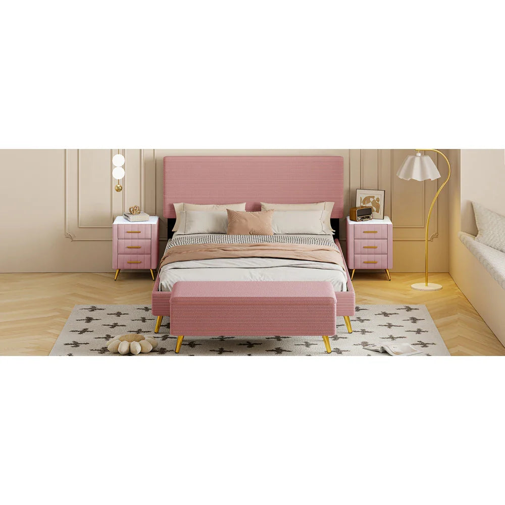 Pink 2 Pieces Bedroom Sets Queen Size Upholstered Bed Frame, Modern Corduroy Storage Ottoman