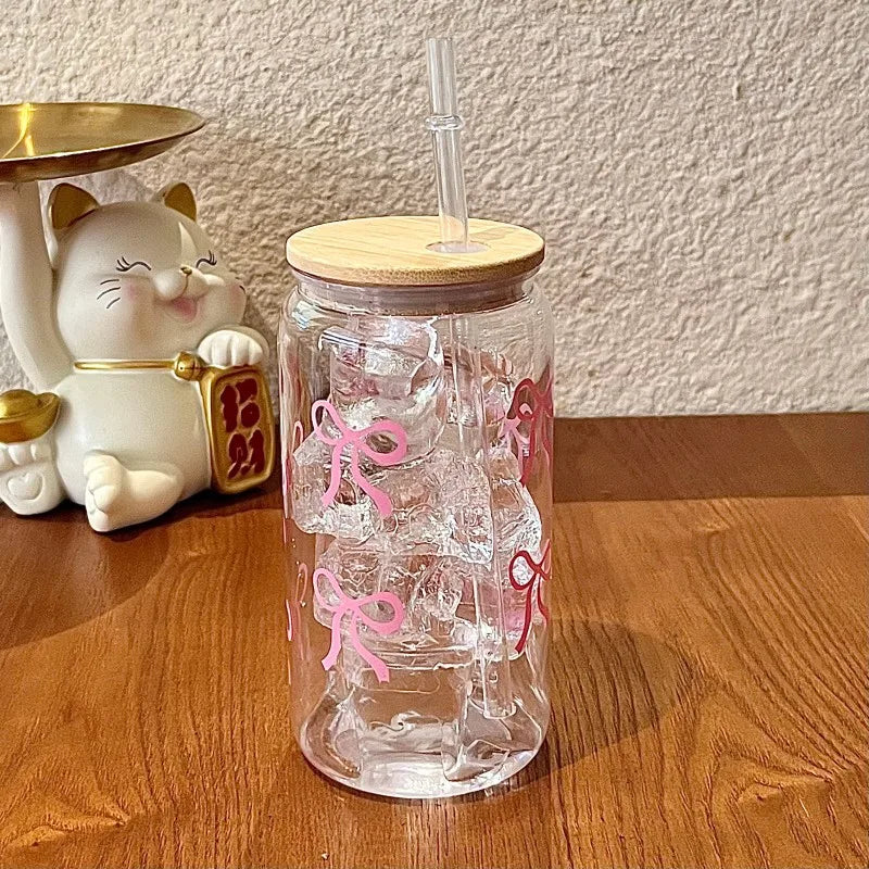 Cute Bow Glass Cup Tumbler Mason Jar Shaped With Lids & Straw