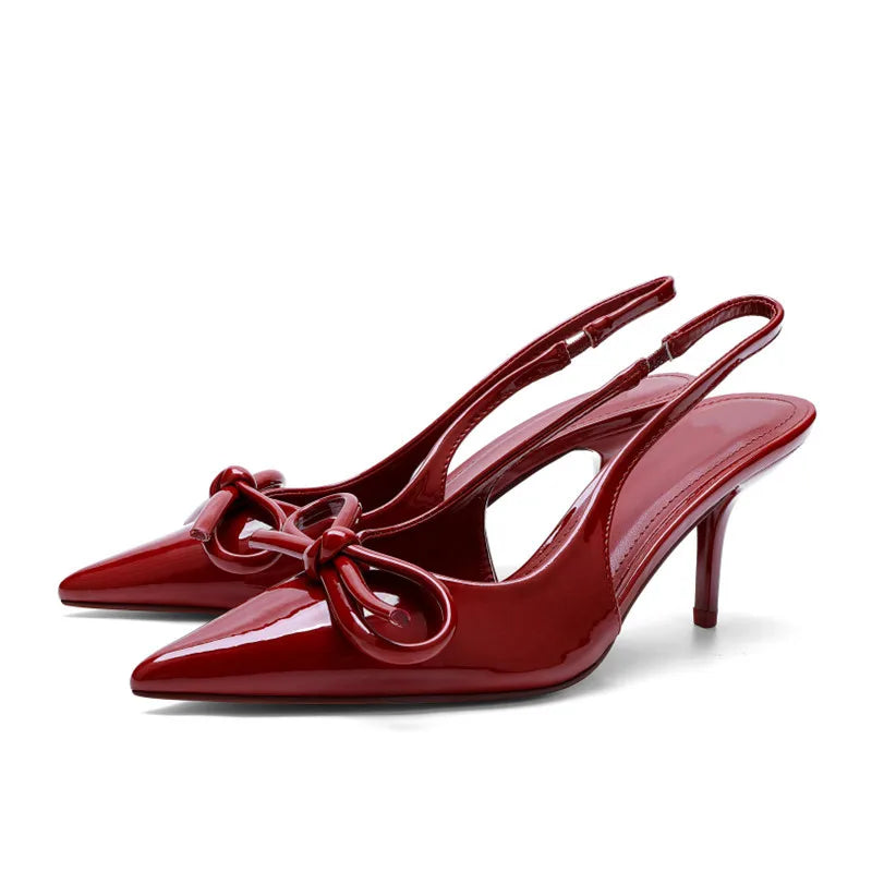 Sexy Women's Red Bow Pointed Toe Patent Leather Back Strap Stiletto Shoes
