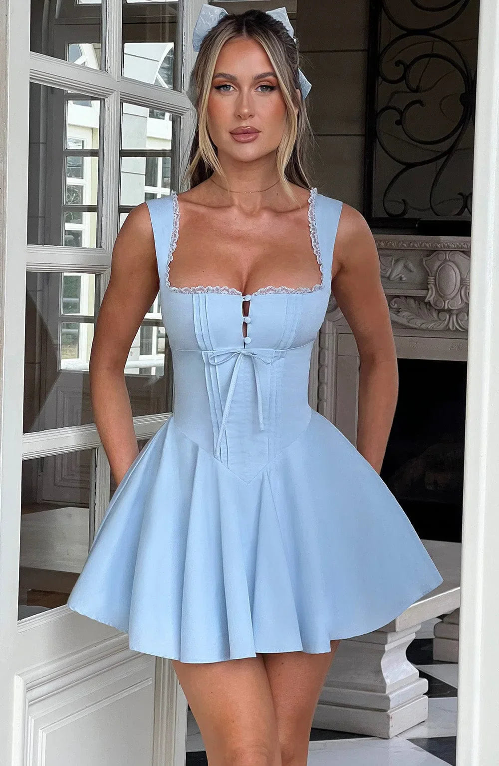 Sleeveless Lace Splicing Spice Slip Dress Slim Backless Ballet Pompadour Dress V-neck High-waisted Mini Dress