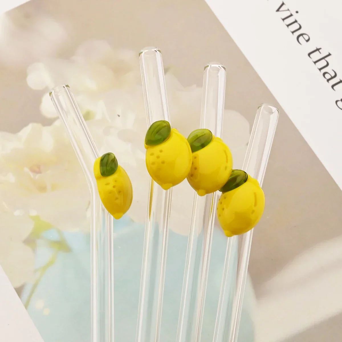 Lemon Glass Bent Straw Set with Brush 2/4/6/8pcs Drinkware