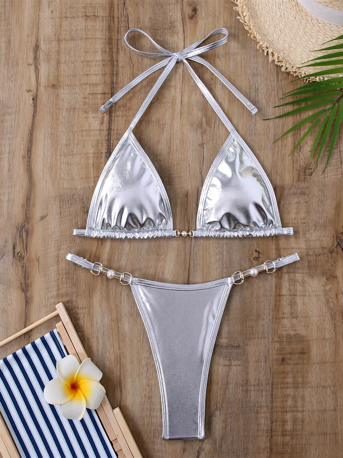 Shiny Micro Bikini Women Sexy PU Pearls Push Up Thong Swimsuit Summer Bathing Suit
