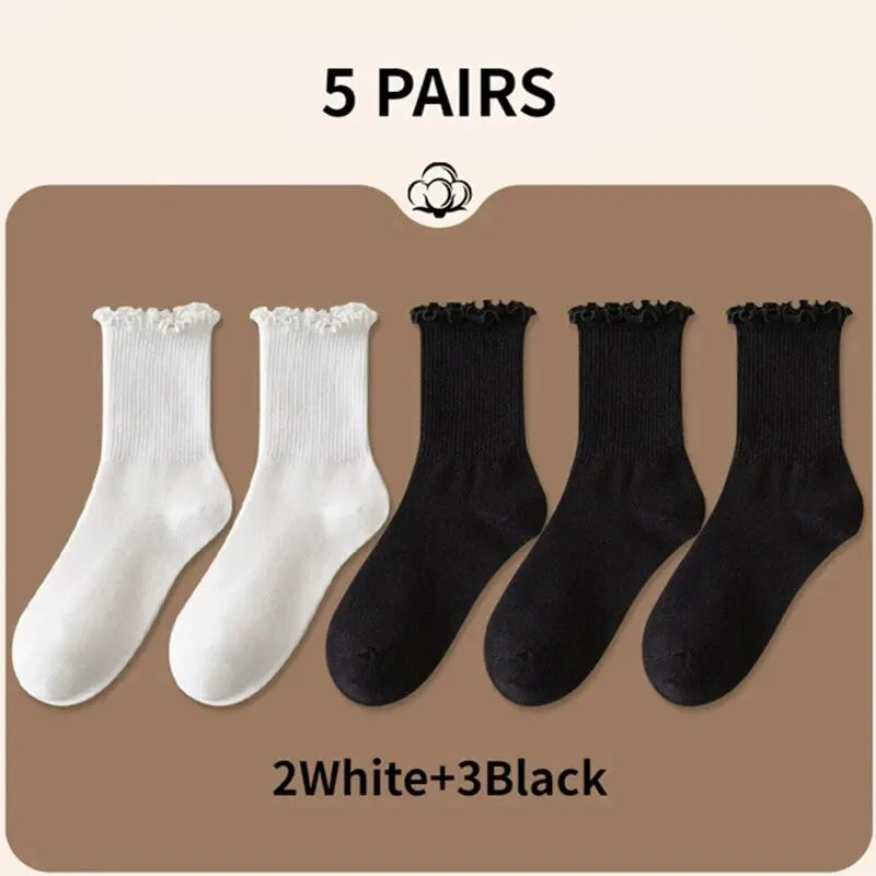 Pairs Lot Socks for Women Ruffle Middle Tube Ankle Short Breathable Black White Set Spring Autumn