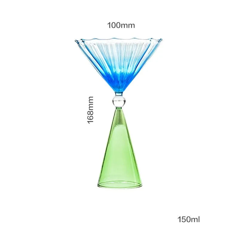 Clear Two Tone Green Blue Amber Purple Colored Ripple Style Martini Mojito Champagne Margarita Cocktail Glasses Goblet Cup
