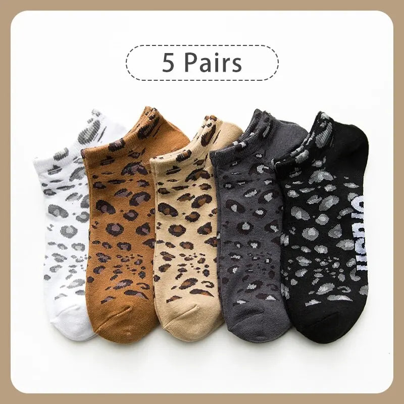 Women's Seasonal Fashionable and Trendy Leopard Print Cotton Sweat-absorbing and Comfortable Sports Low Top Socks