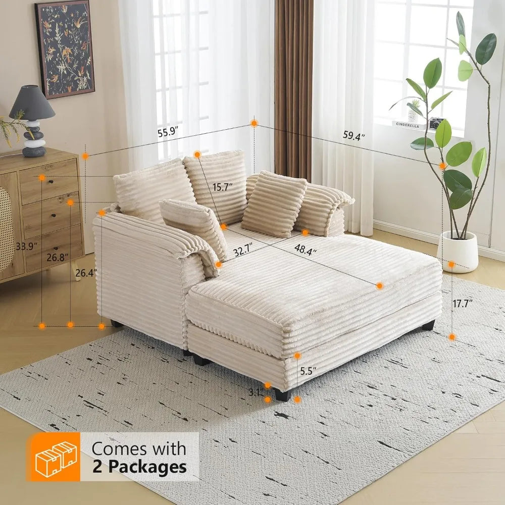 Oversized 56" Chaise Lounge Chair, Beige Comfy Corduroy Chaise Sofa Recliner Bed Upholstered Sleeper Couch Bed with Throw Pillows