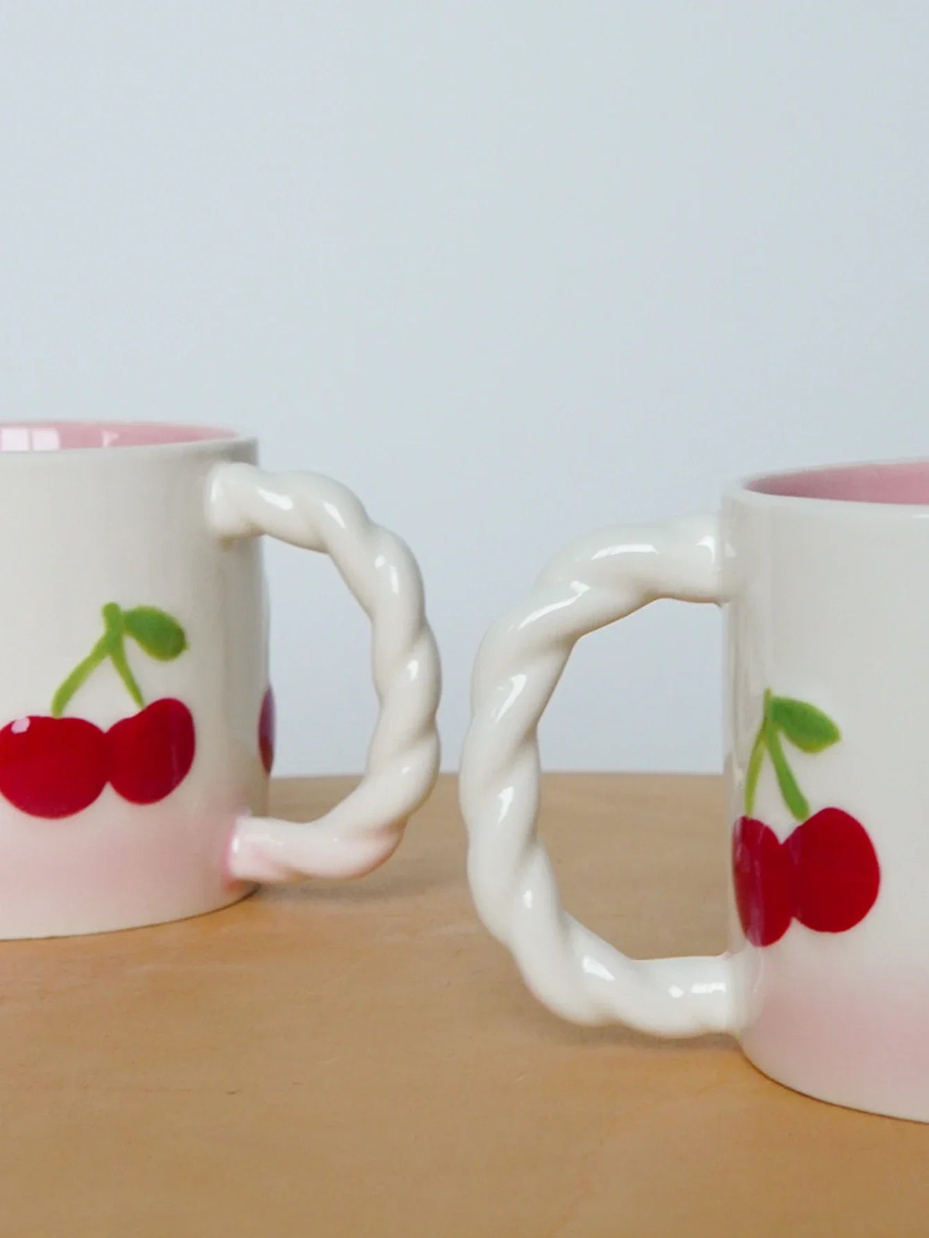 Pink Cherry Ceramic Mug, Twist Handle Ceramic Exquisite Pink Gradient Cup