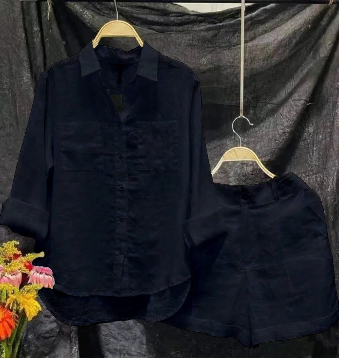 Summer Cotton Linen Casual Home 2 Piece Set For Women Long Sleeve Shirt And Shorts Two Piece Sets