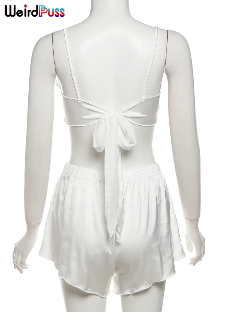 Silky Elegant Women 2 Piece Set Casual Sleeveless Ruffles Camisole+Button Shorts Matching Streetwear Casual Outfits