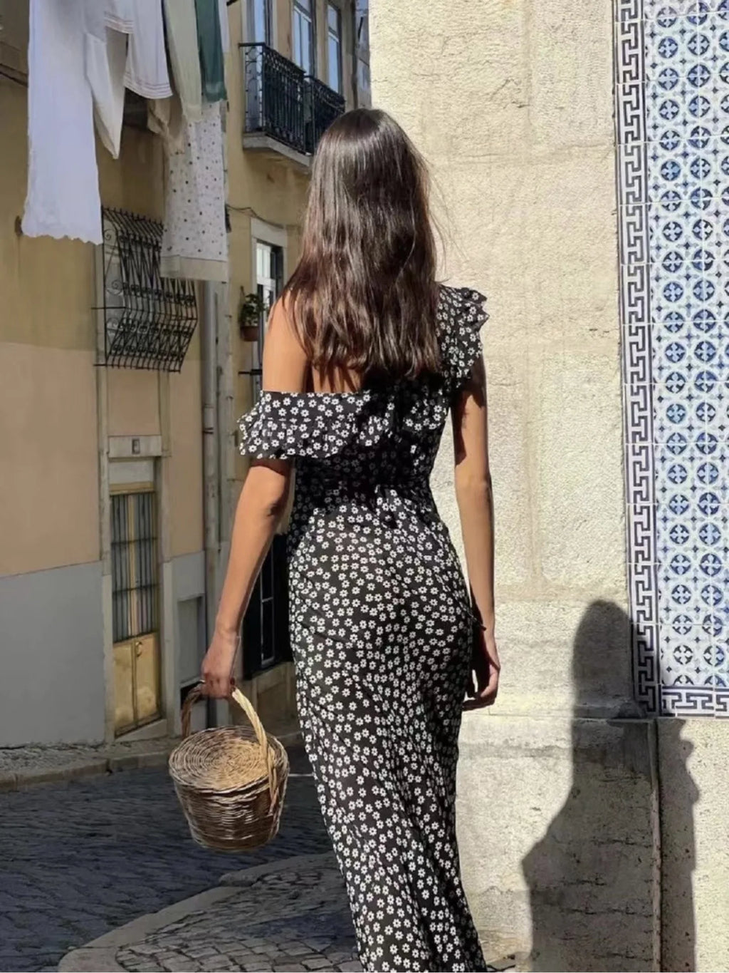 French Daisy Vintage Girl Silk Polka Dots U Neck V Back Sexy Summer Women Long Dress