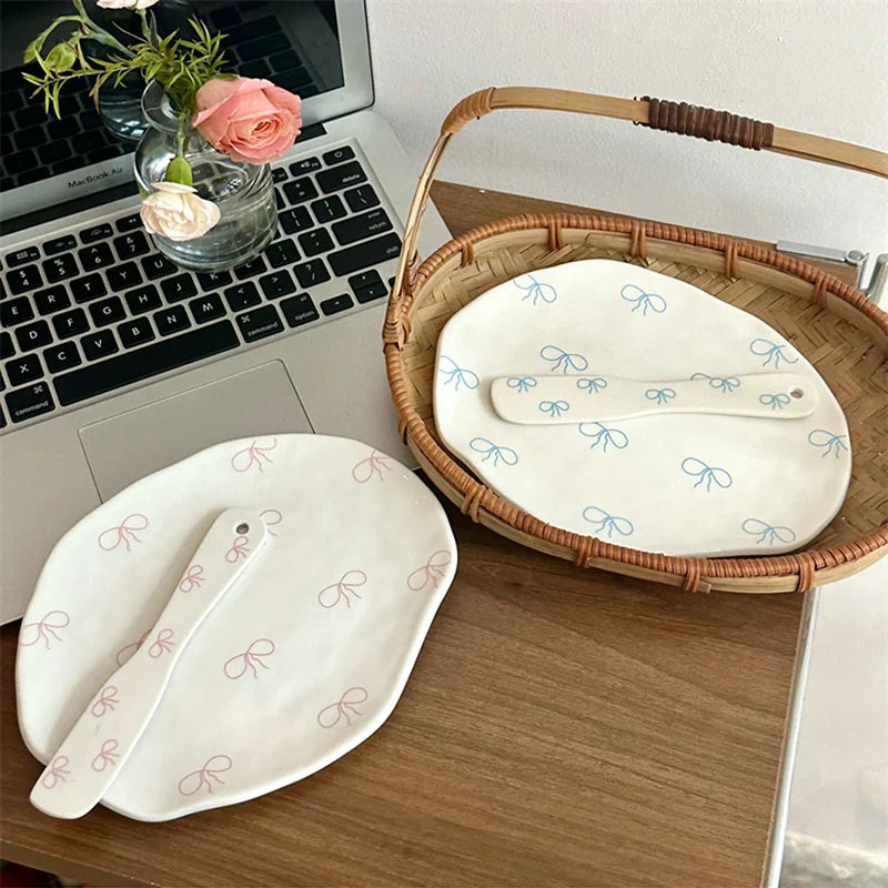 Cute Bowknot Kawaii Ceramic Plate For Cake Food Dinner Breakfast Ins Dessert Salad Decorative Dish 8 inch