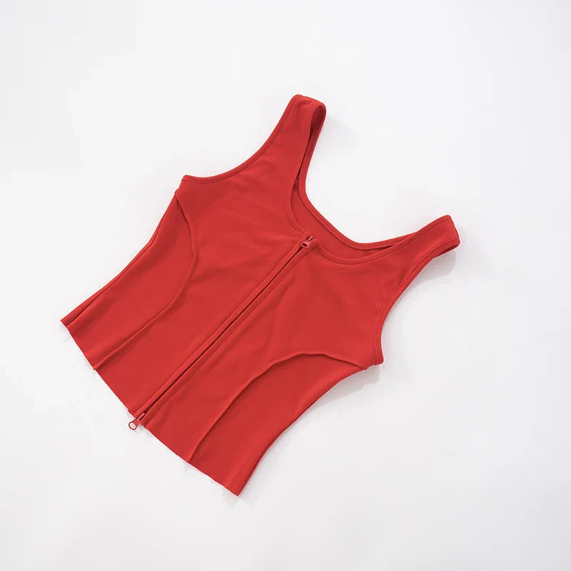 Casual Women 2 Piece Set Stretch Double Zip Tank Tops+Shorts Matching Patchwork Simple Basic Streetwear