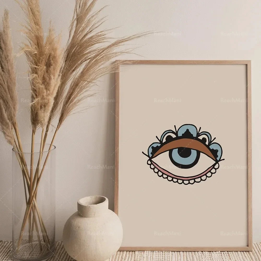 Traditional Evil Eye Flowers Pink Wall Art  MidCentury Modern Boho Decor Minimalist Digital Print Printable Canvas Painting
