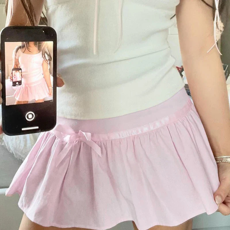 Hot-sweet Pink Spliced Summer Mini Skirt Bow Fashion Cute Folds A-Line Women Skirts Coquette Clothes