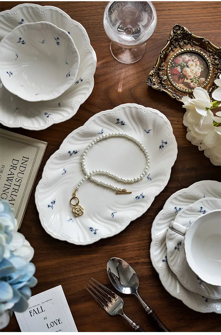 Ceramic Floral Bowl Dish Set Oval Plate New French Medieval High-end Cup Dish Set