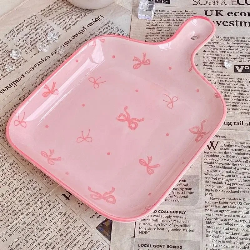 Pink Bow Ceramic Cutlery Set, Home Tableware Ceramic Handle Bowl Yogurt Cup High Value Breakfast Plate Drinkware