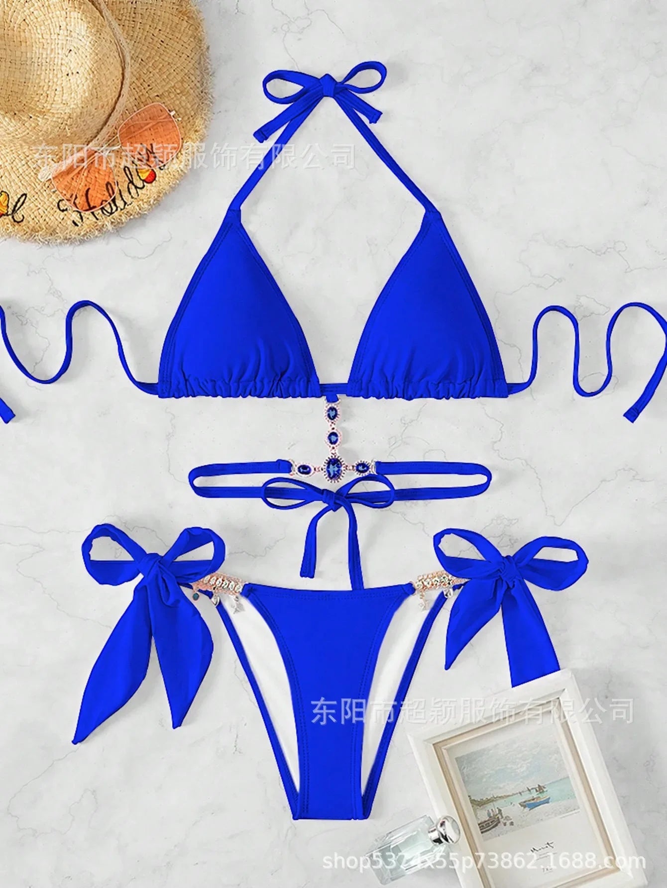 Women's Swimwear Crystal Diamond Triangle Bandage Backless Beach Bikini Swimsuit