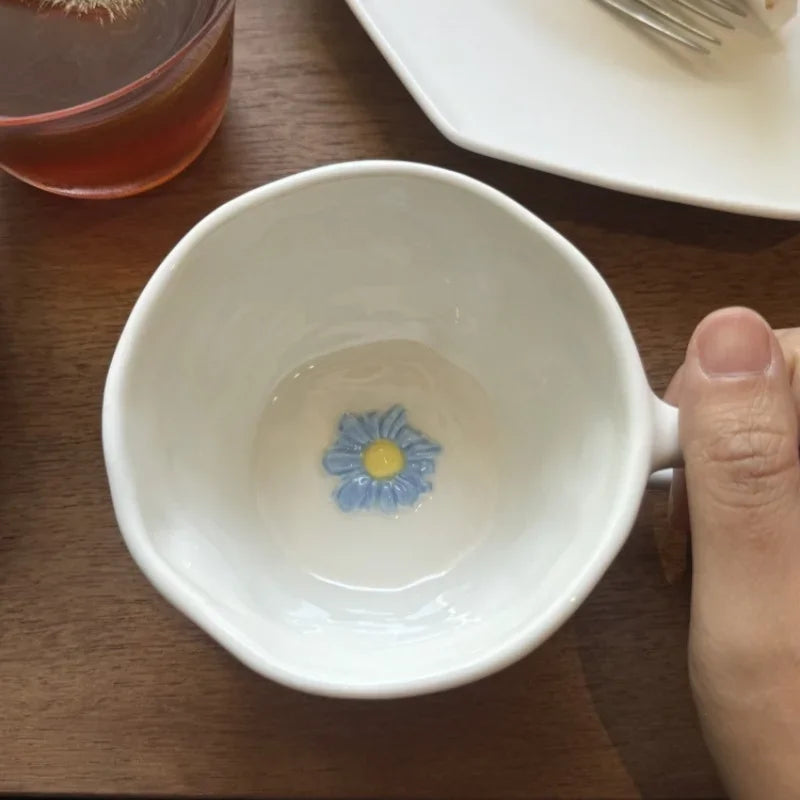 Hand Pinched Irregular Ceramic Hand-drawn Daisy Milk Tea Cup Pink Bow