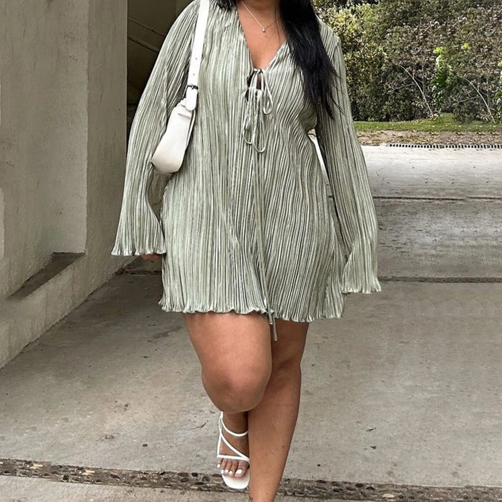 Long Sleeve Women V-neck Pleated Dress Casual Streetwear Plus Size Mini Dresses Party Casual