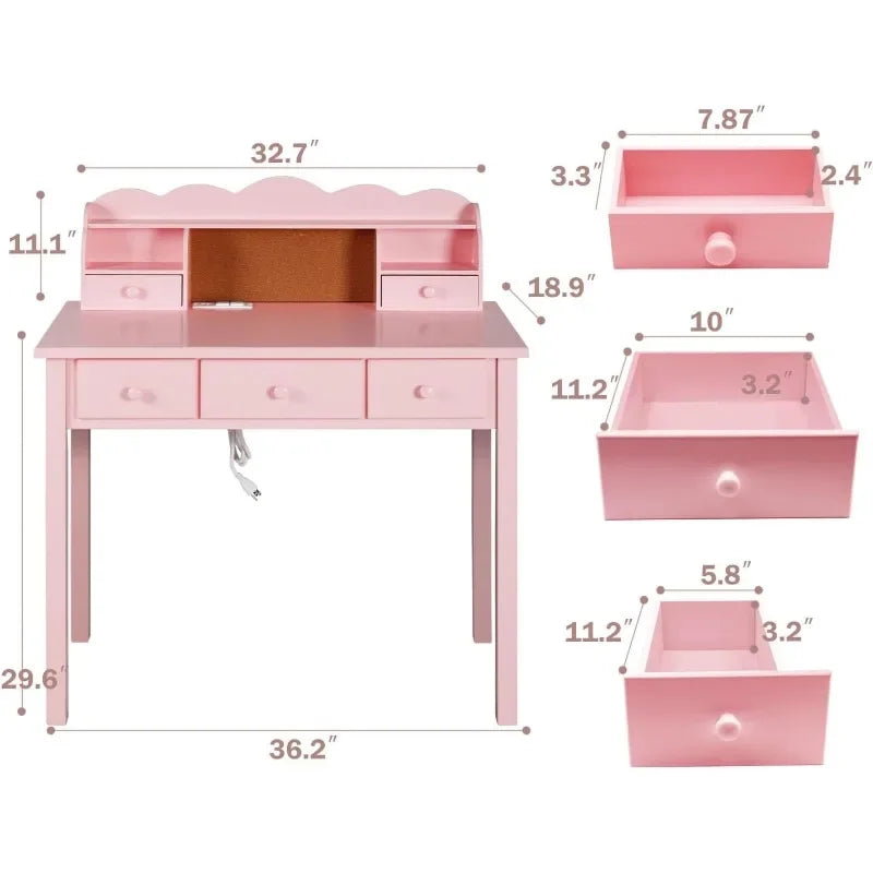 Pink NEW Home Office Furniture Writing Desk,Computer Work Station with Detachable Hutch, 5 Drawers Wood Guaranteed Authentic