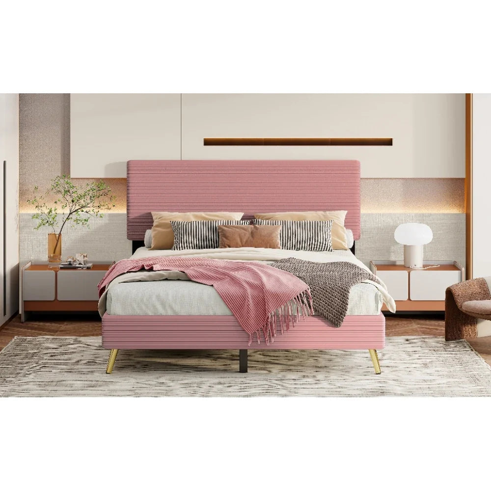 Pink 2 Pieces Bedroom Sets Queen Size Upholstered Bed Frame, Modern Corduroy Storage Ottoman