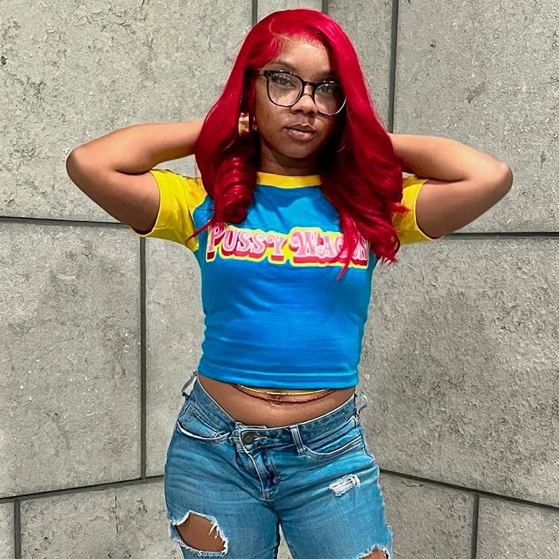 Letter Printed Color Clashing Round Neck Pullover Spice Girls Short Halter Short Sleeve T-Shirt Tops For Y2K Girls Wear