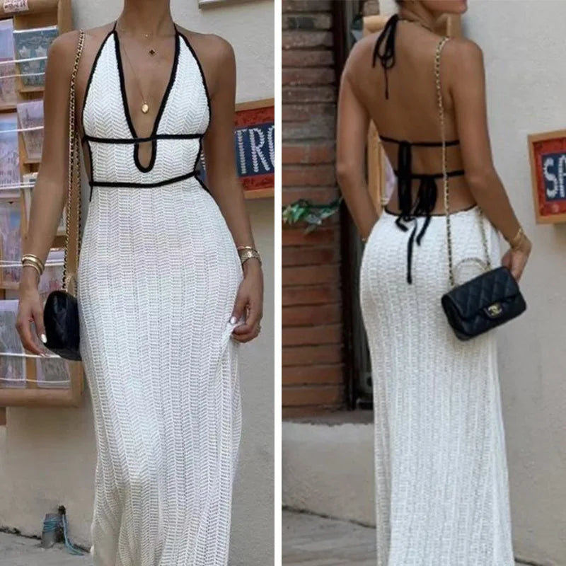 Sexy Elegant Halter Dress Women Summer Backless Lace-Up Color-Block Sleeveless
