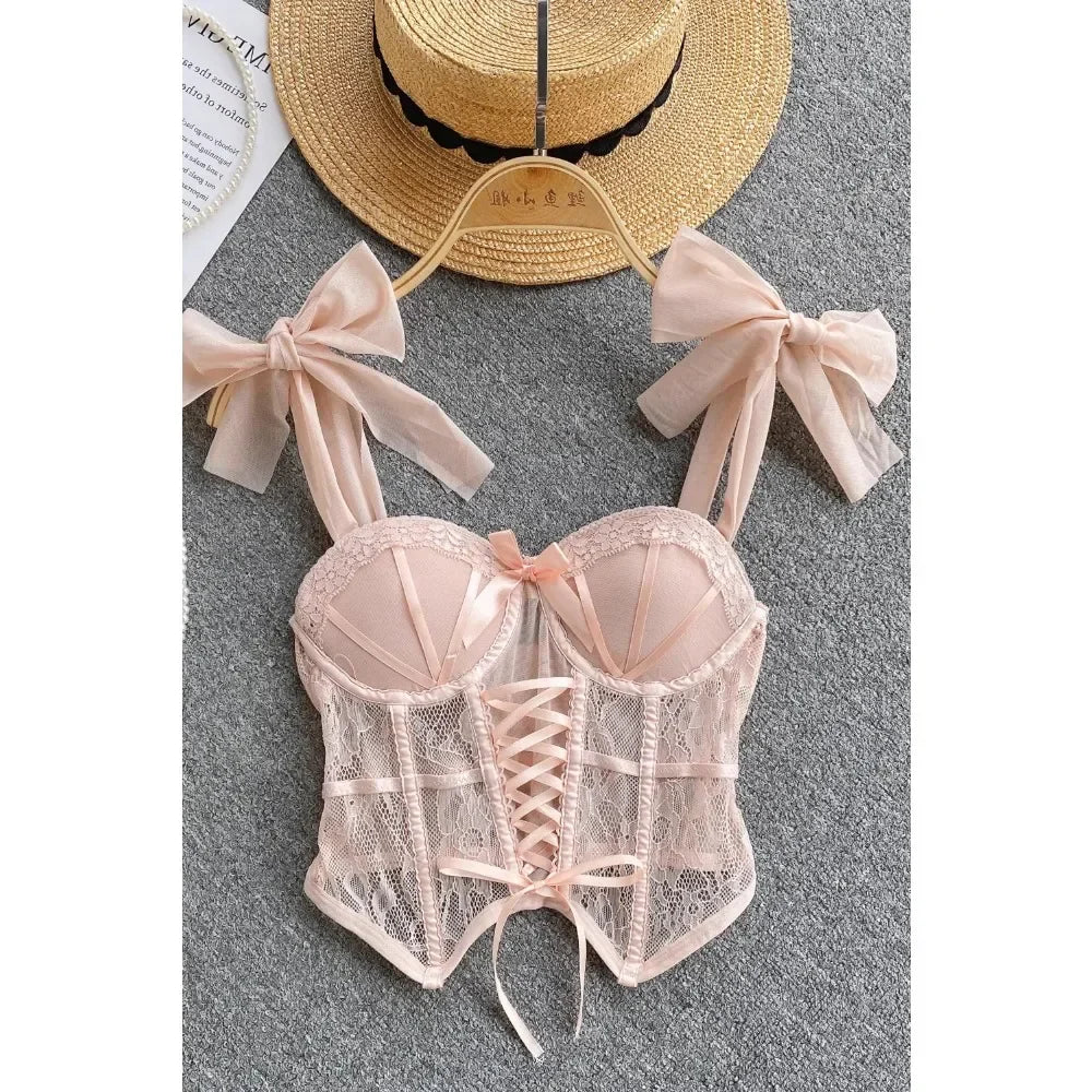Spaghetti Strap Tank Top for Women Strapless Build in Bra Lace Patchwrok Tulle Bow Camis Summer Casual Female Camisoles