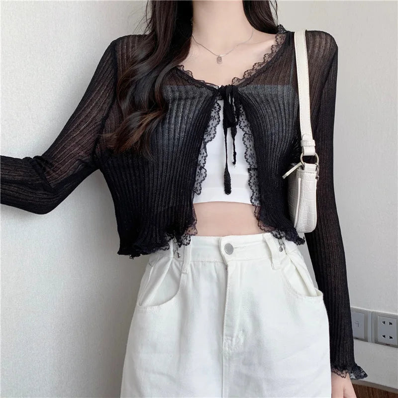 Lace Knitted Cardigans Long Sleeved Short Lace-Up Thin Shawl