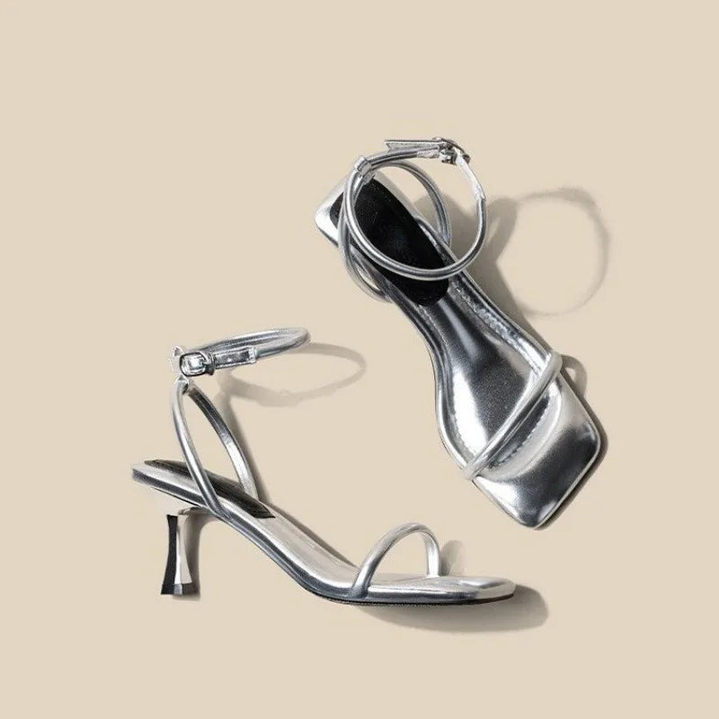 Women's High Heel Sandals Square Toe Thin Heels One-length Strip Open Toe Sandals