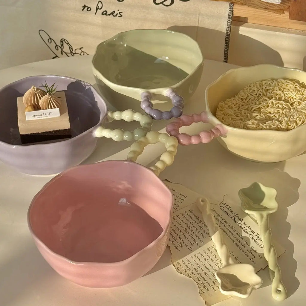 High Beauty Ceramic Instant Noodle Bowl with Pearl Handle Home Irregular Shape Cute Yogurt Bowls Fruit Dessert Tableware