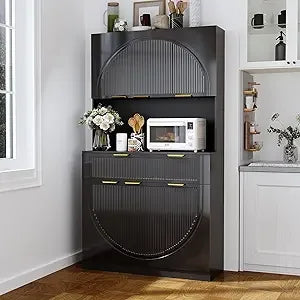 Kitchen Pantry With Charging Station, White Modern Hutch With Drawers & Microwave Stand, Buffet Cabinet With Countertop