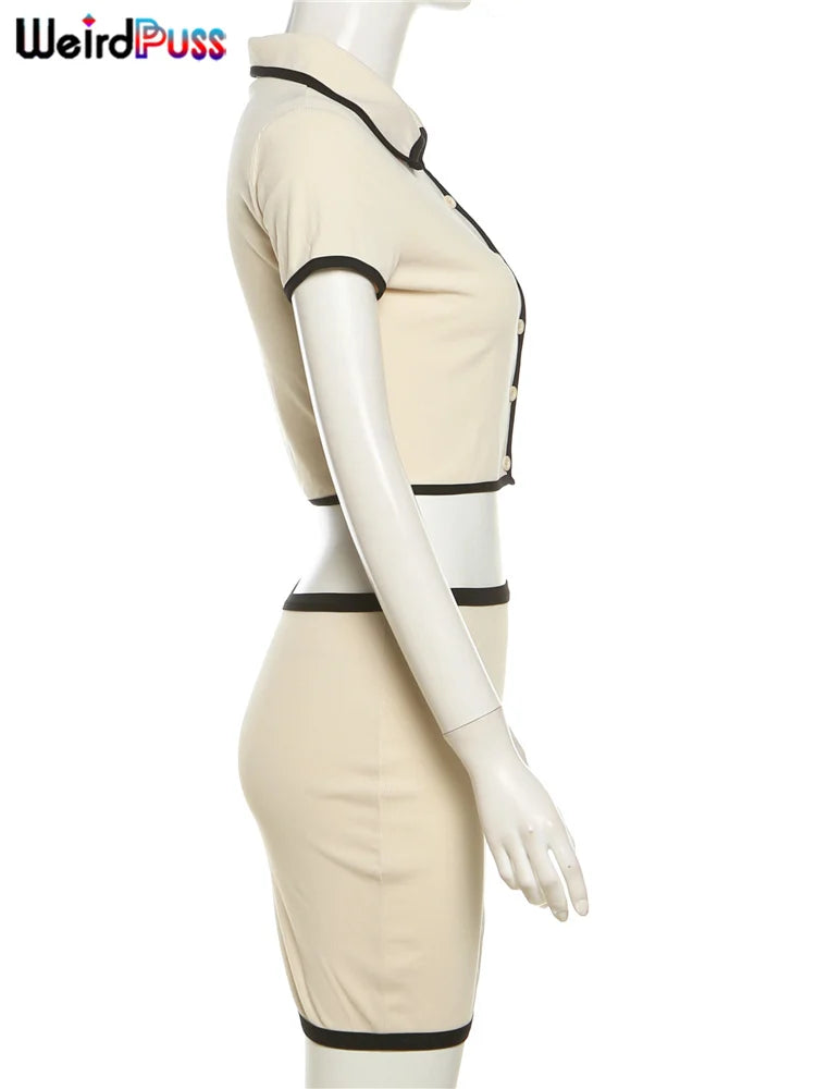 Ribbed Women 2 Piece Set Polo Neck Button Shorts Crop Tops+Mini Skirts Matching Stretch Elegant Streetwear Outfits