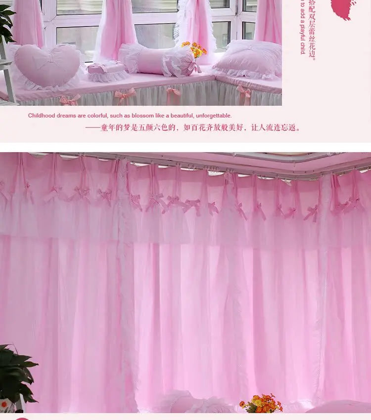 Princess Style Window Curtains, Cotton, Pink Lace, 2 Layer Curtain