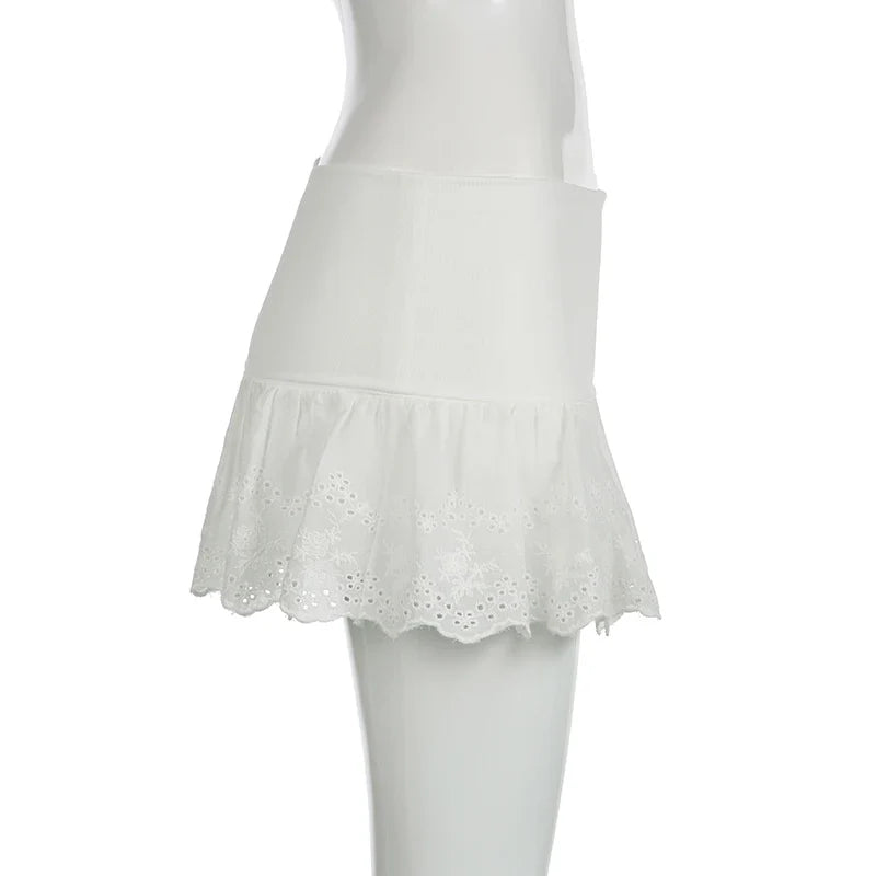 White Lace Pleated Skirt with Shorts Cute Coquette Low Rise Patchwork Super-short Mini Skirt
