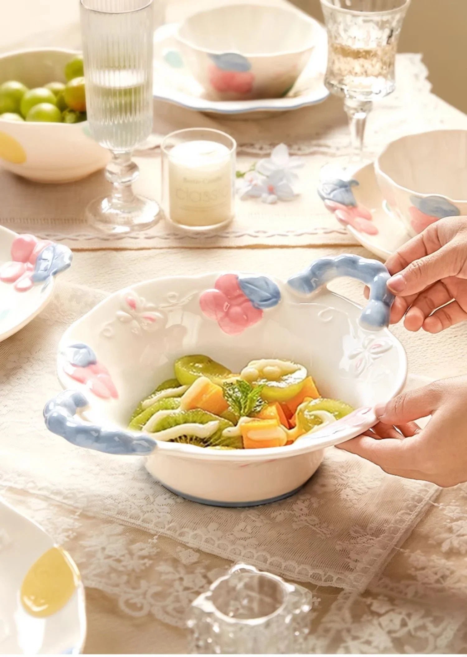 Cute Pattern Ceramic Plates Print Round Deep Tableware