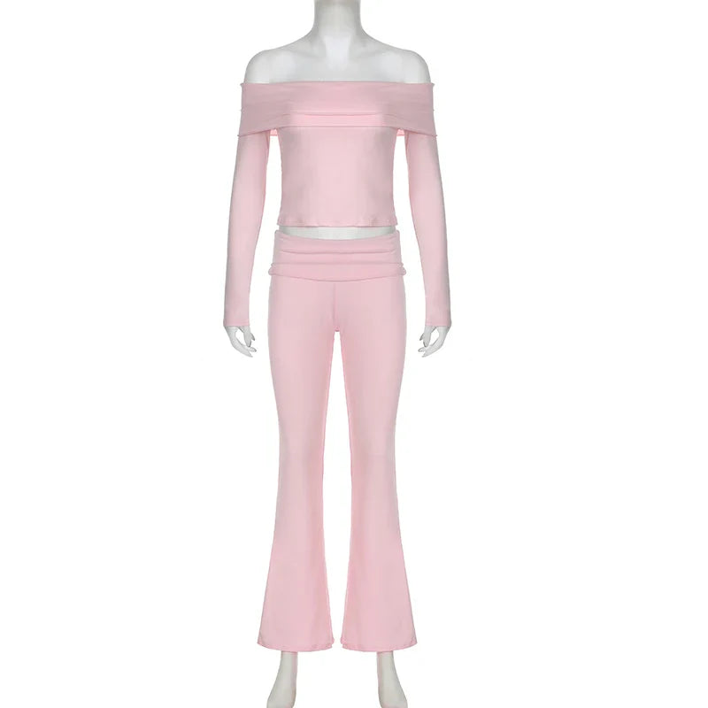 Slash Neck Top and Casual Pants Sets Women's Two Pieces Of Outfits Streetwear Solid Fashion Y2K Basic Slim Clothes